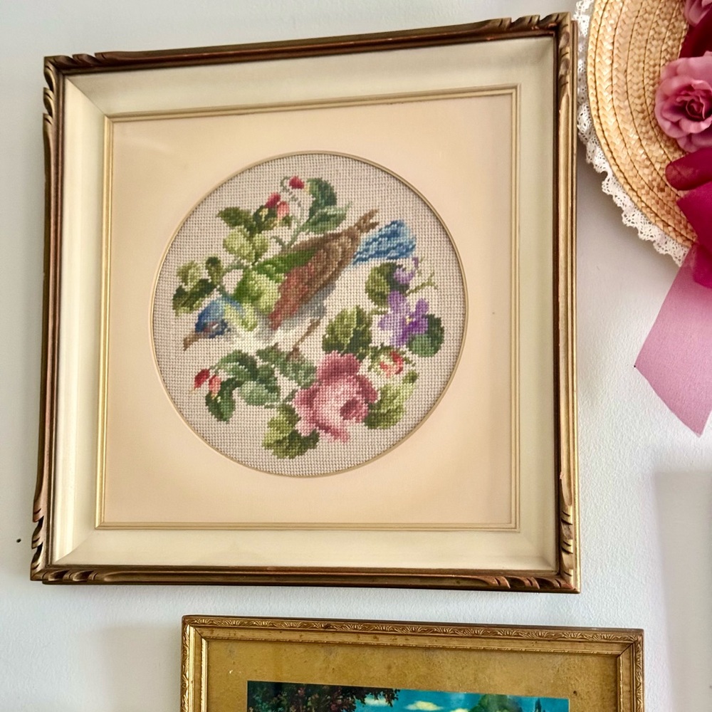 Vintage Blue and Brown Bird Needlepoint with Florals in Ornate Gold Frame
